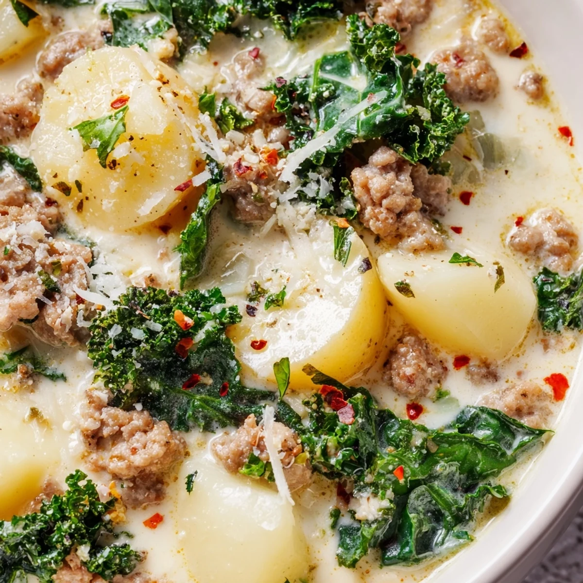 Creamy Zuppa Toscana soup loaded with sausage, potatoes, and tender kale