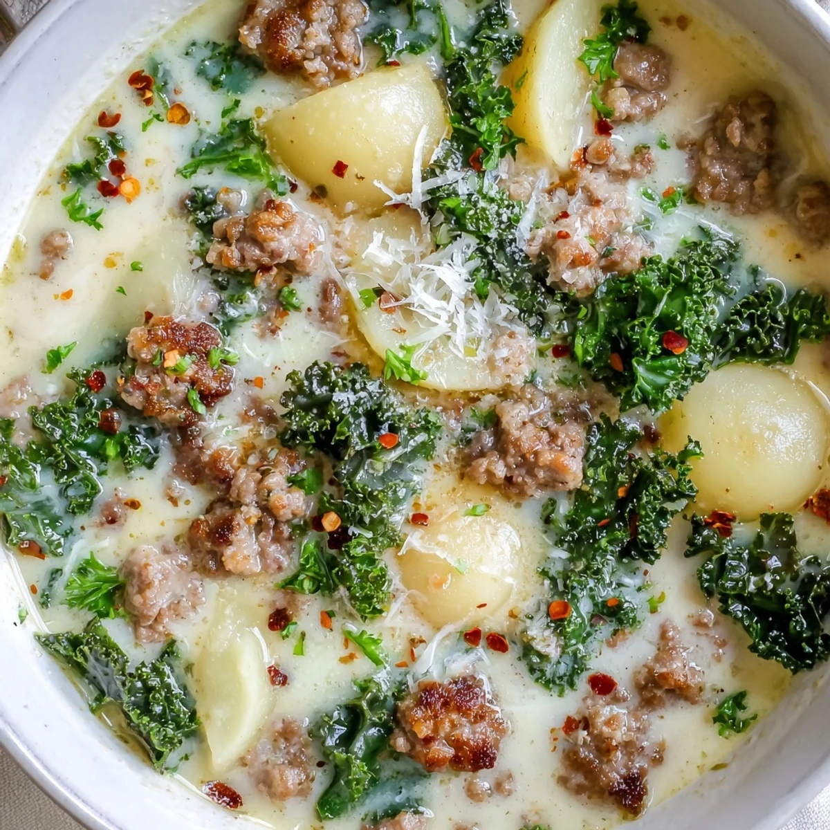 Steaming bowl of Zuppa Toscana soup topped with grated Parmesan and parsley