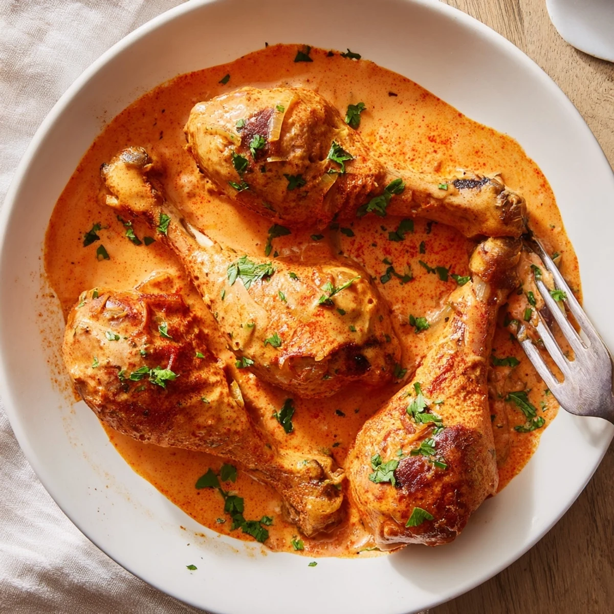 Golden creamy paprika chicken drumsticks glistening in a rich, rust-colored sauce with fresh parsley garnish