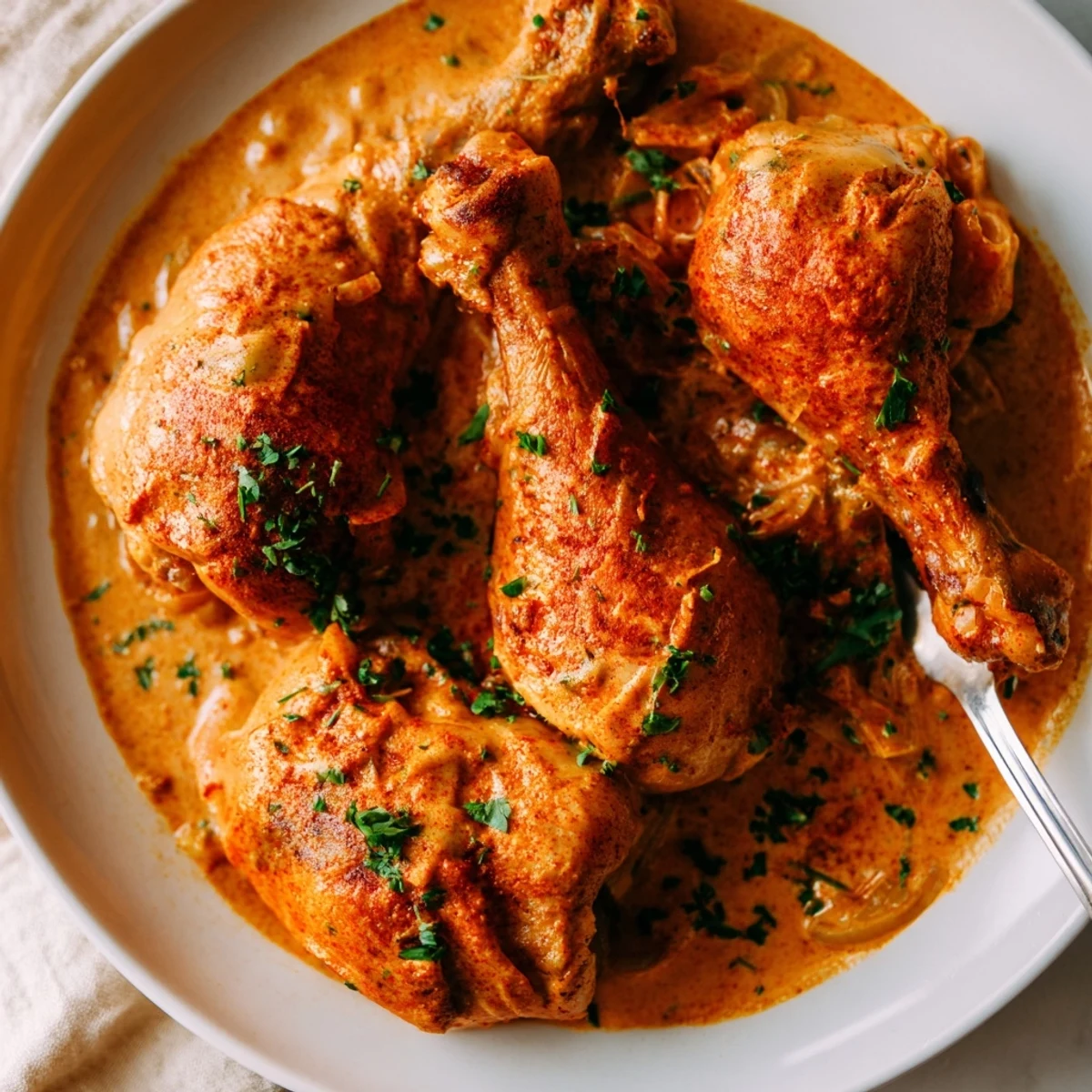 Juicy chicken drumsticks coated in smoky paprika cream sauce served hot in a cast iron skillet