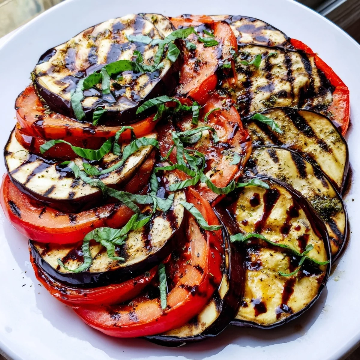 Smoky grilled tomato eggplant slices layered on a platter with fresh basil and balsamic glaze