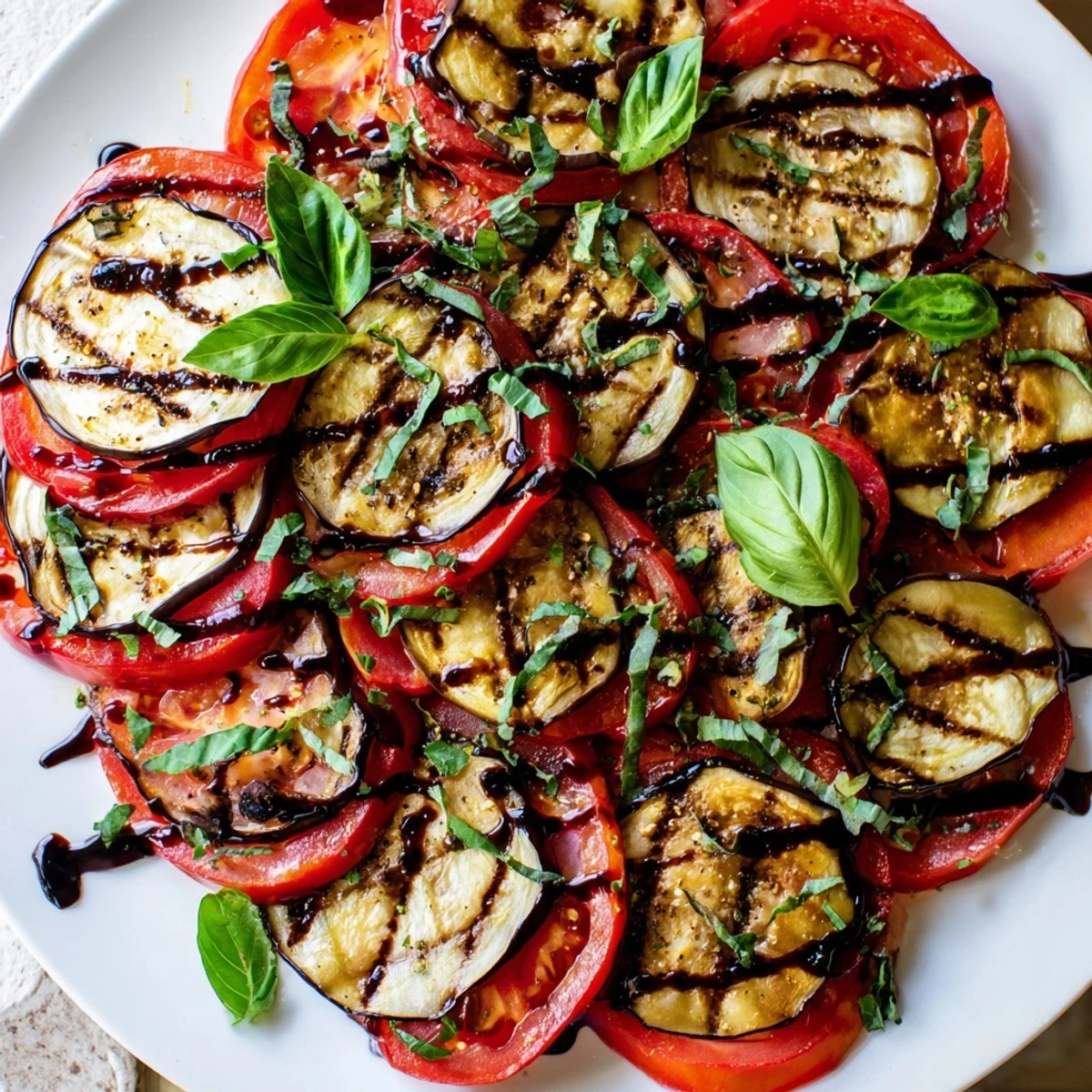 Tender charred eggplant and juicy grilled tomatoes drizzled with olive oil and sprinkled herbs