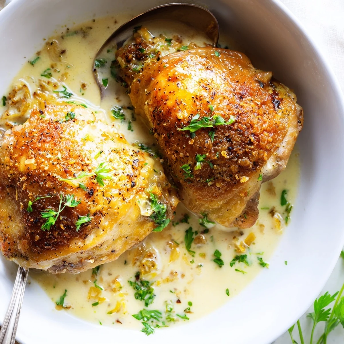 Golden oven baked chicken thighs swimming in a creamy garlic parmesan sauce with fresh herbs