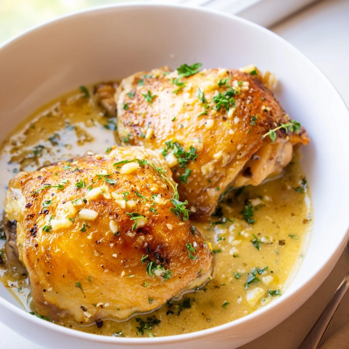 Creamy oven baked chicken thighs with crispy skin nestled in a rich bubbling herb sauce