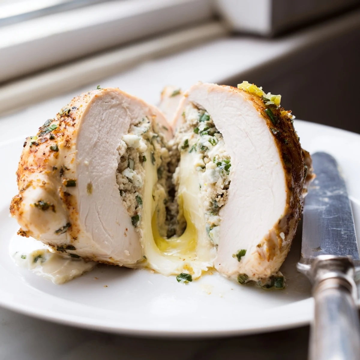 Golden goat cheese chicken breasts sliced open to reveal a creamy herb filling on a rustic plate