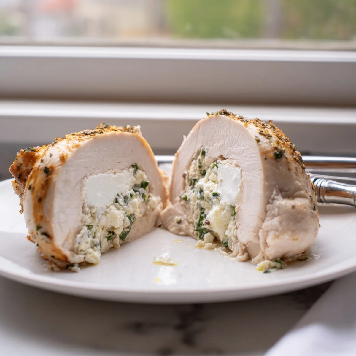 Juicy goat cheese chicken stuffed with lemon and herbs served hot from the oven