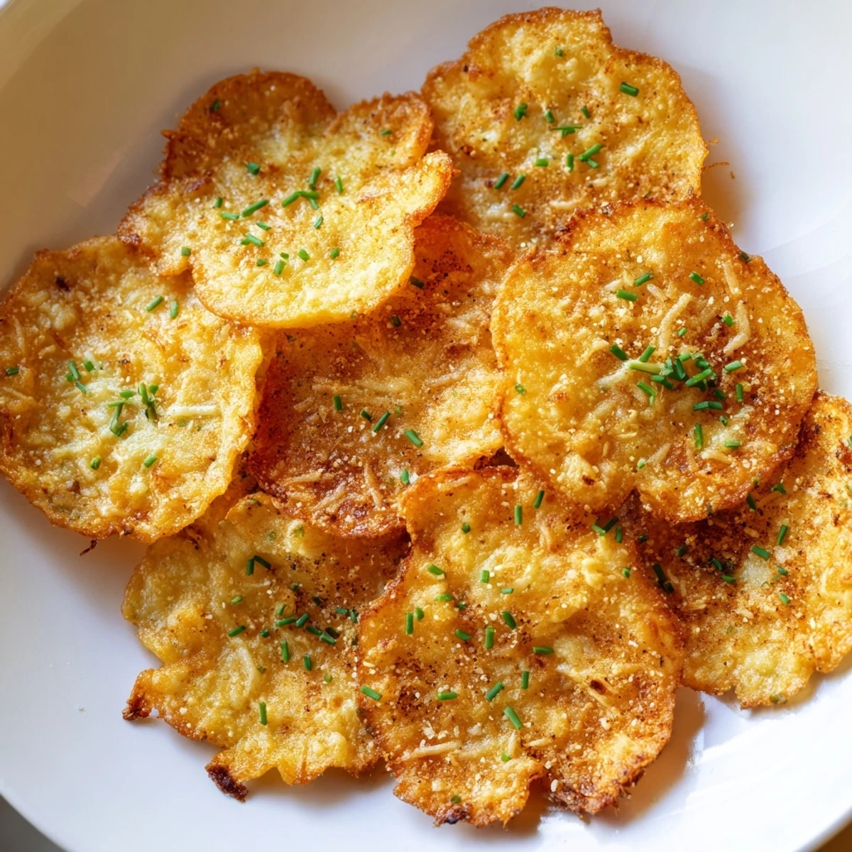 Thin golden-baked cottage cheese chips arranged on a rustic white serving plate