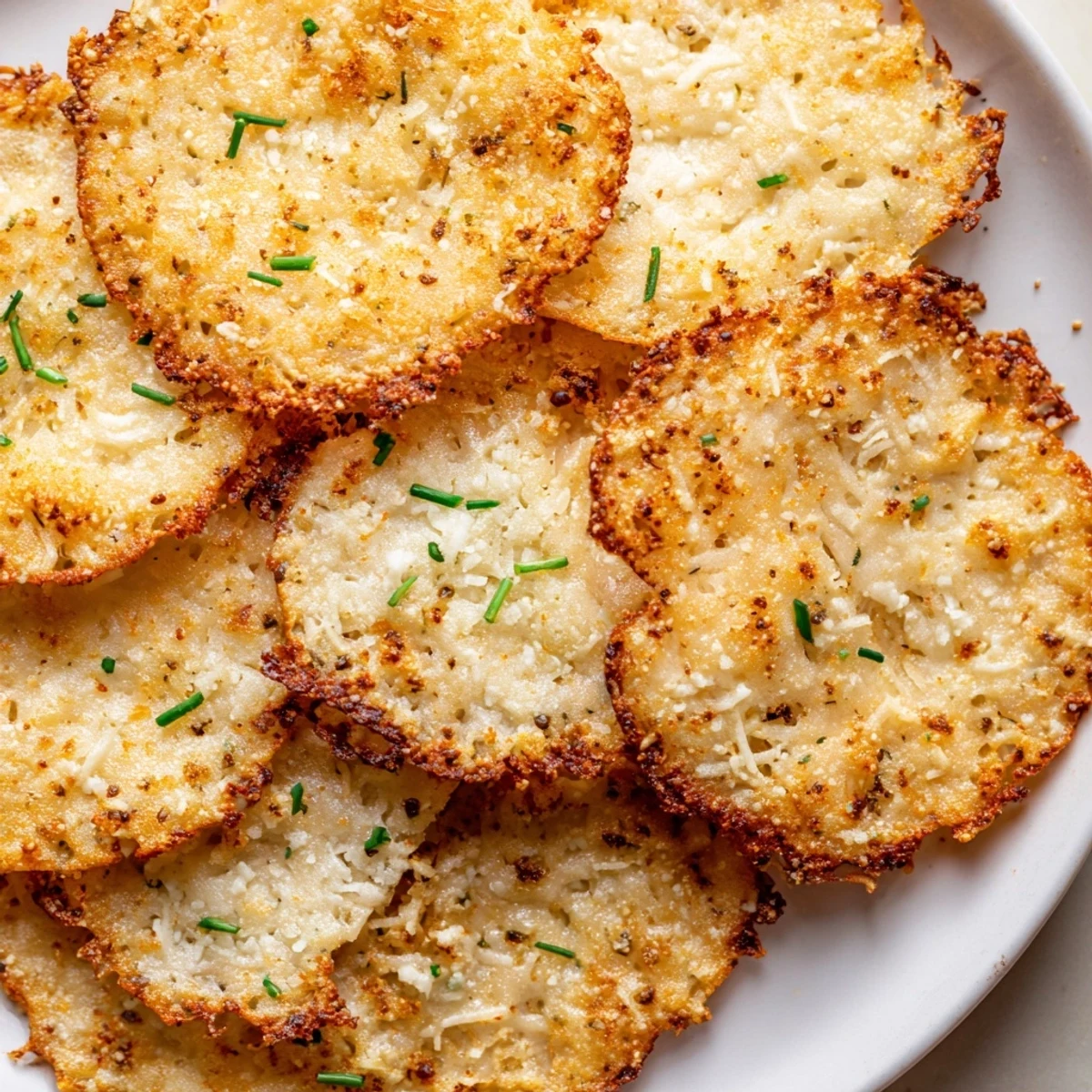 Cottage cheese chips sprinkled with parmesan and chives beside a dipping bowl