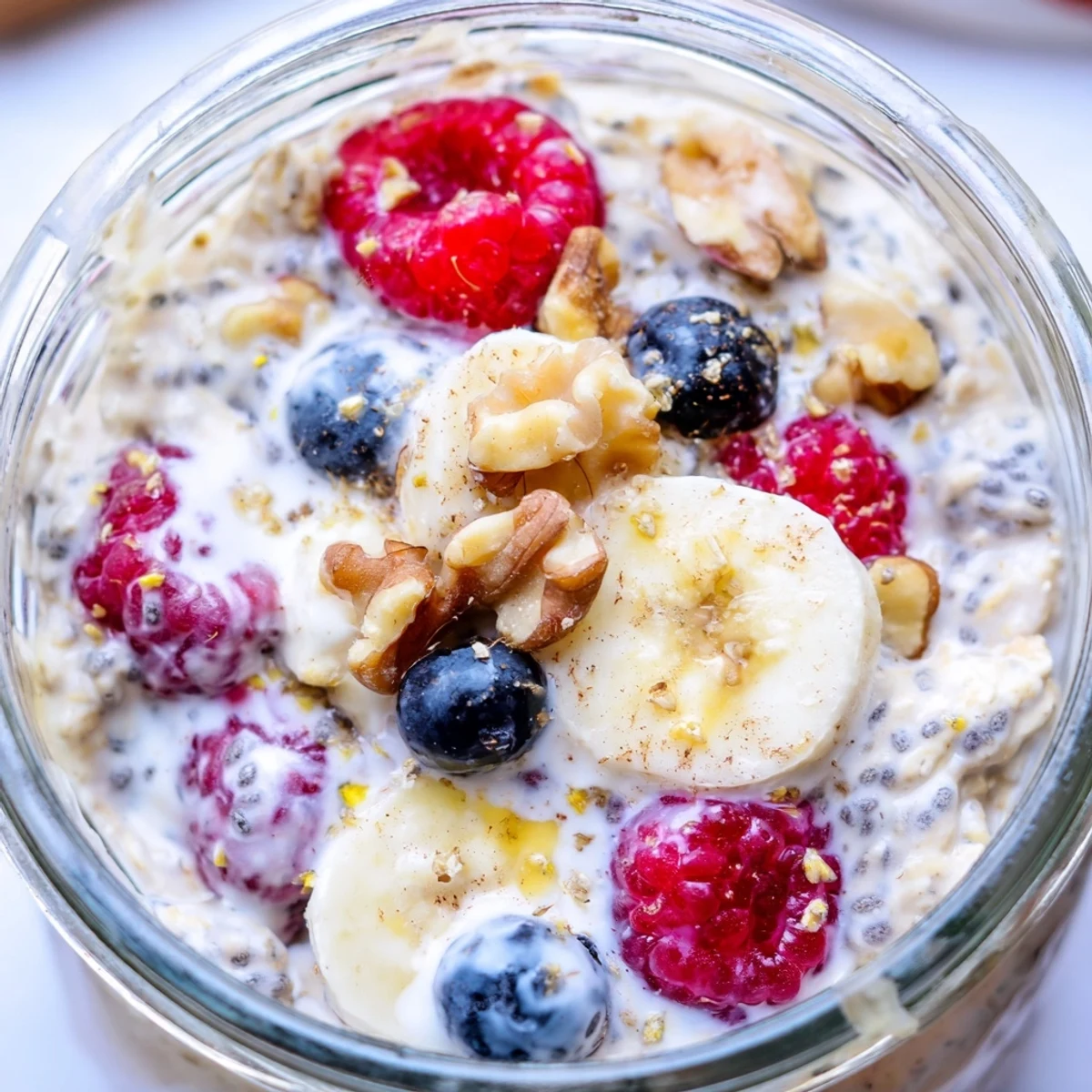Thick protein overnight oats drizzled with nut butter and sliced banana