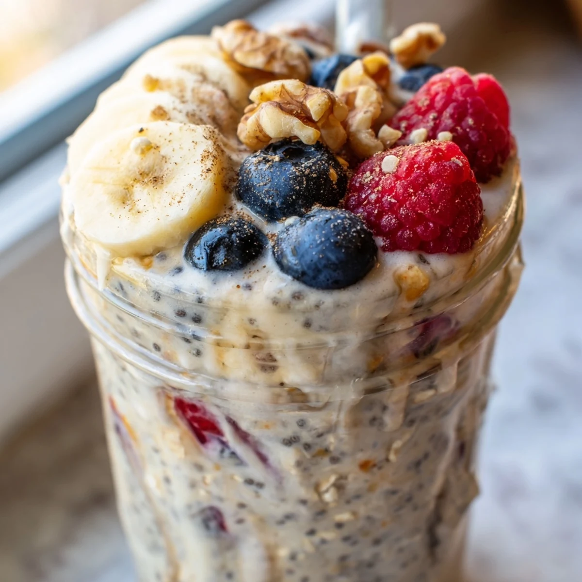 Creamy protein overnight oats topped with fresh berries in a glass jar