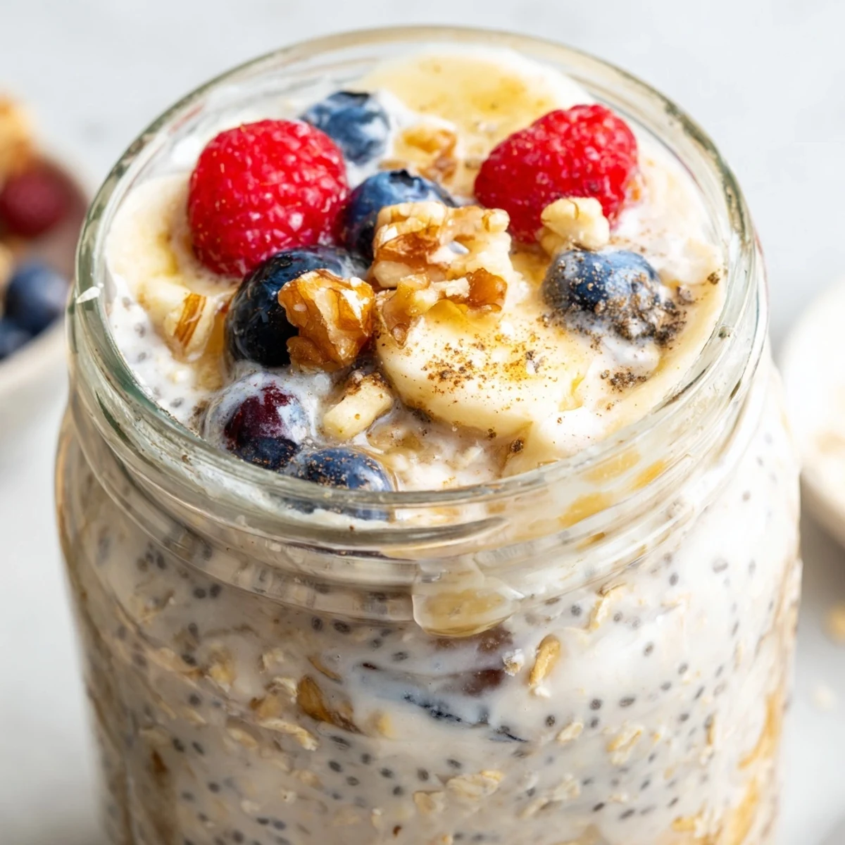 Protein overnight oats served in mason jars with crunchy seeds and fruit