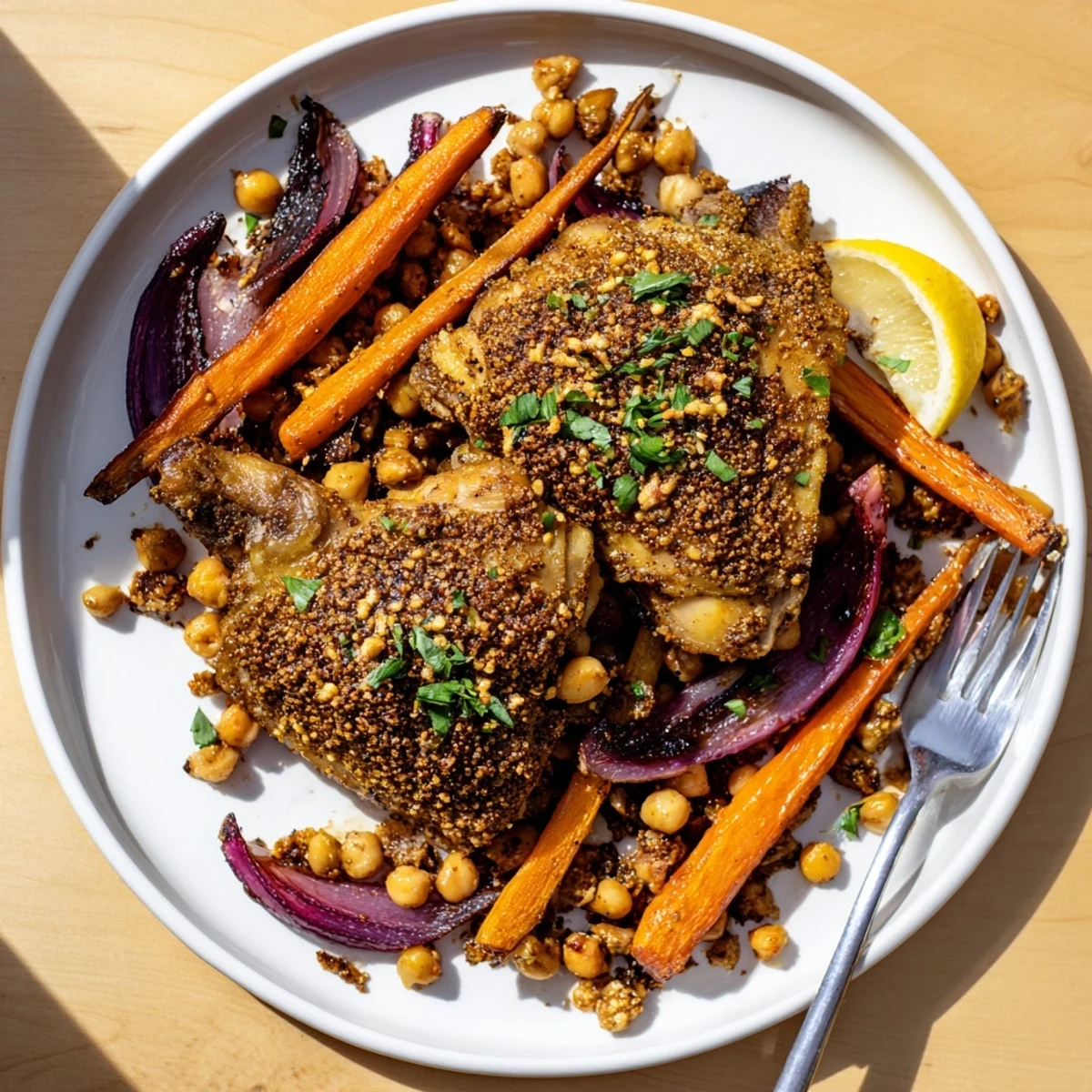 Golden roasted sumac chicken with carrots and chickpeas on a rustic sheet pan