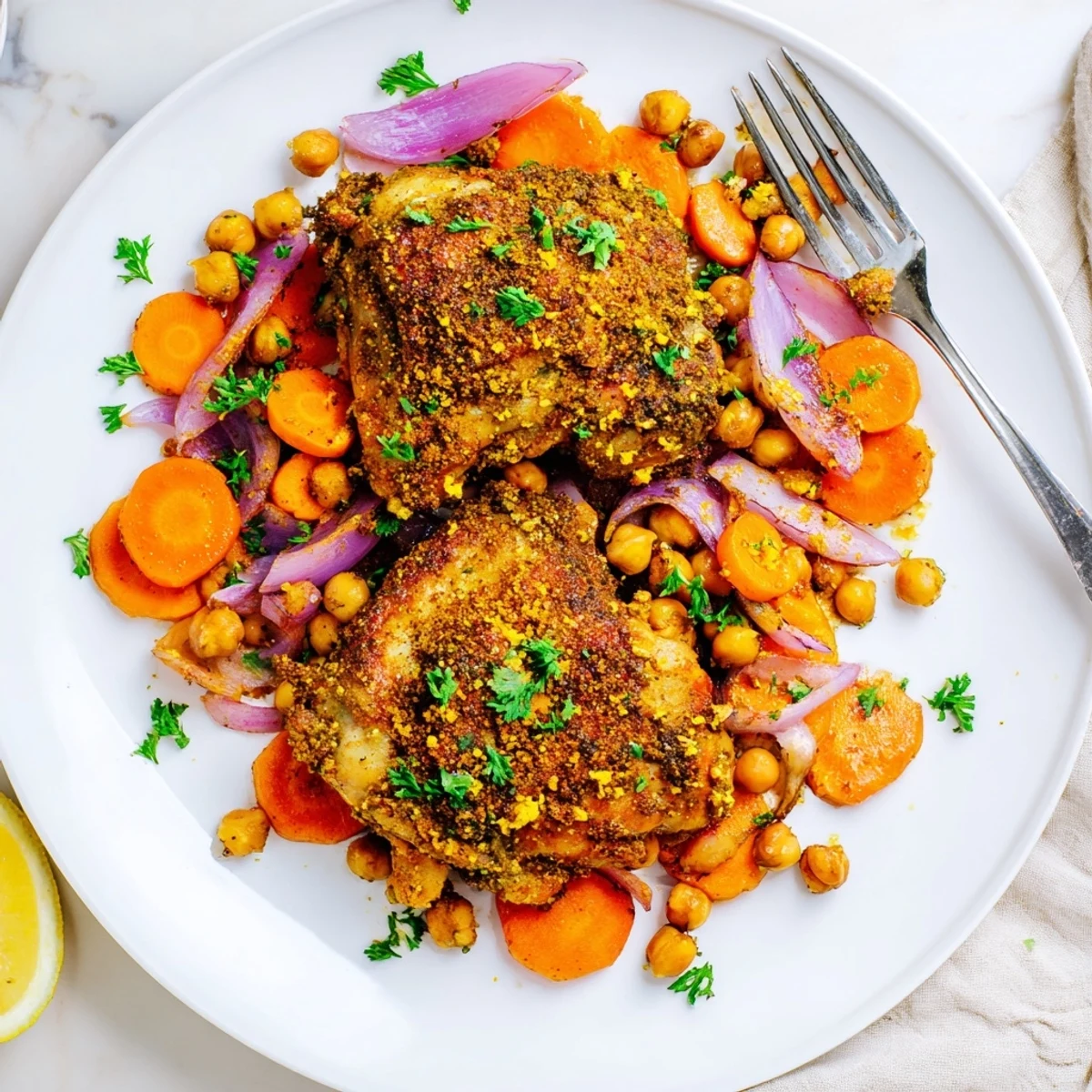 Tender sumac chicken nestled among caramelized carrots and crispy chickpeas with fresh parsley