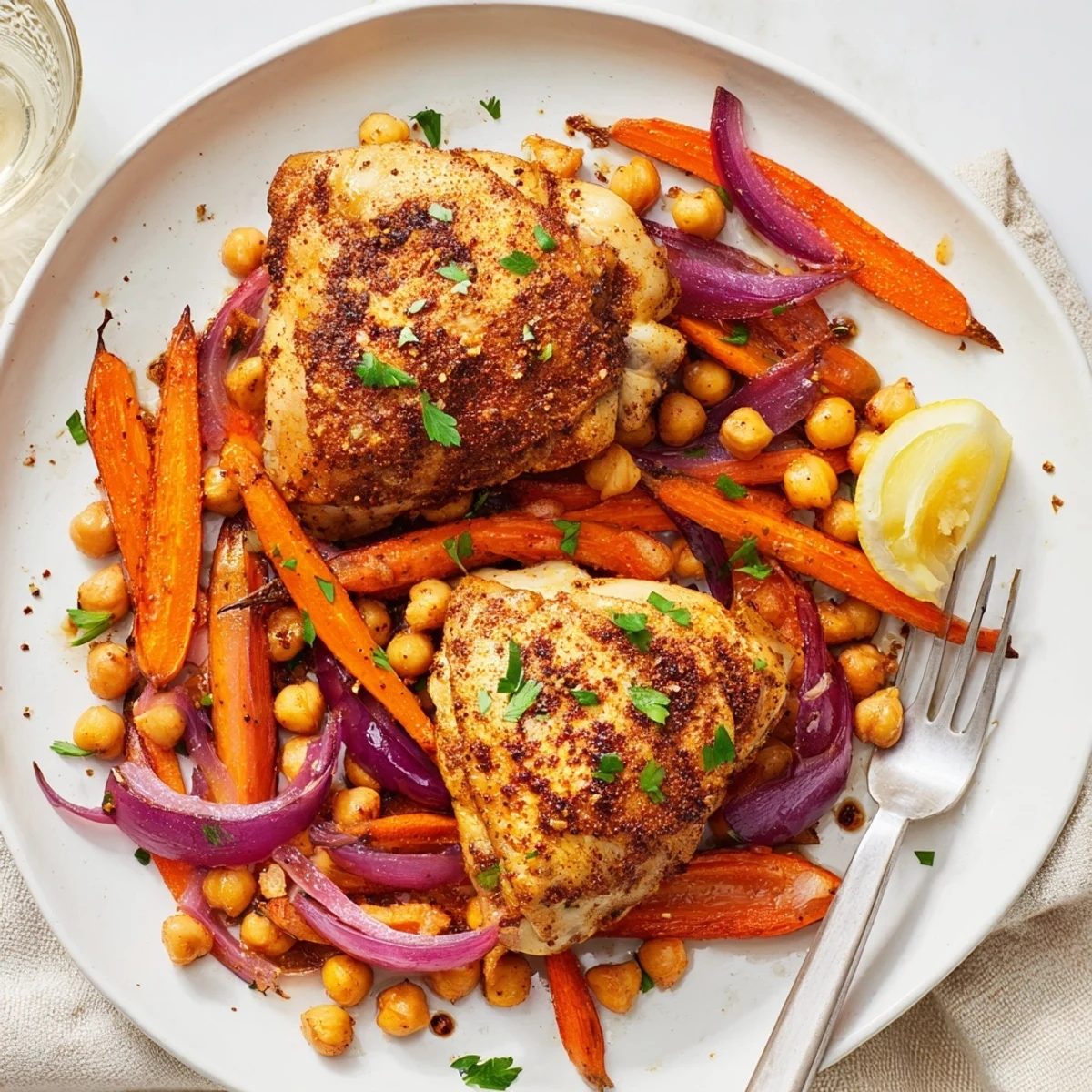 Sumac chicken with roasted carrots and chickpeas drizzled with bright lemon juice