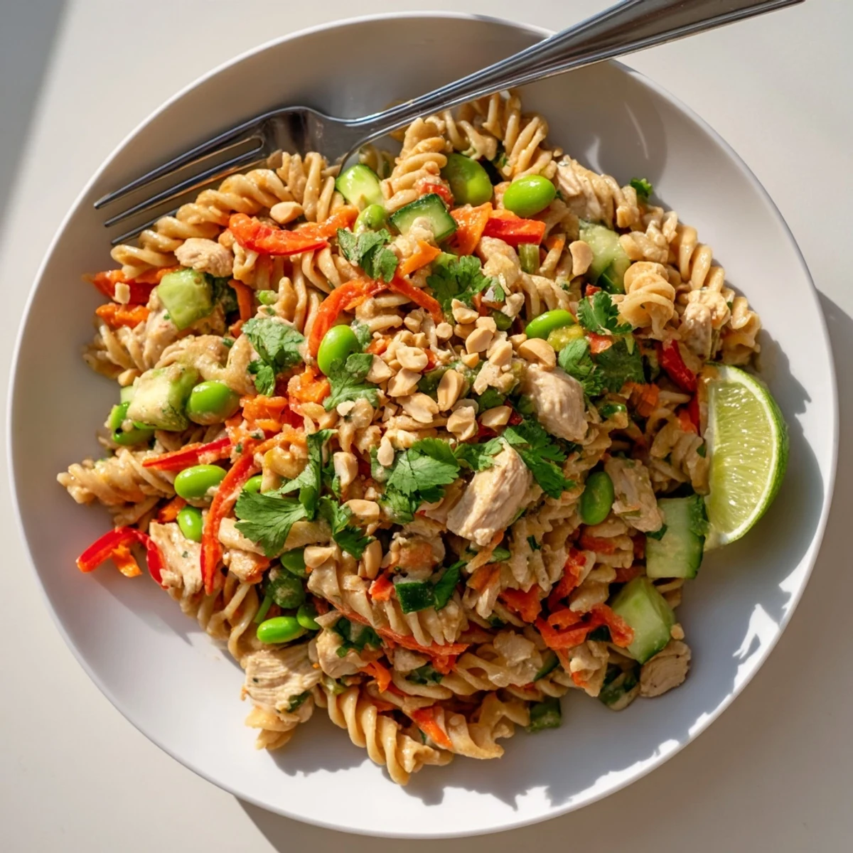 Protein Packed Thai Pasta Salad in a bright bowl topped with crushed peanuts and lime wedges