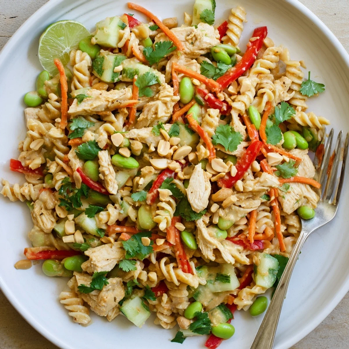 Colorful Protein Packed Thai Pasta Salad with tender chicken, crisp veggies, and creamy peanut dressing