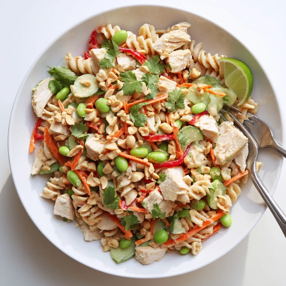 Hearty Protein Packed Thai Pasta Salad served chilled with julienned bell peppers and a ginger-lime drizzle