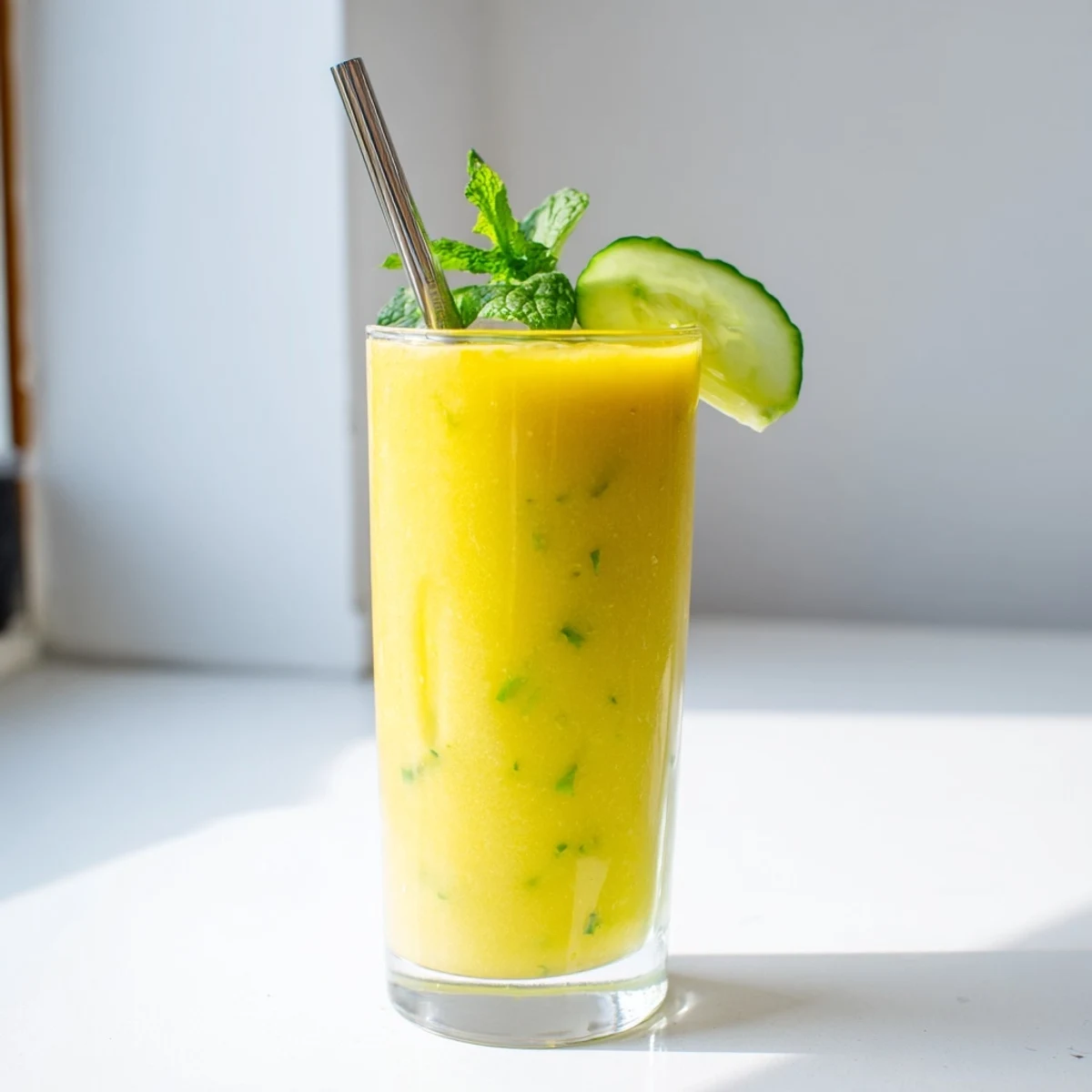 Creamy mango cucumber smoothie poured into two tall glasses with fresh mint garnish