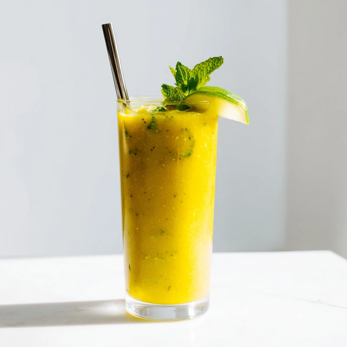 Vibrant green mango cucumber smoothie blended smooth and served over crushed ice cubes