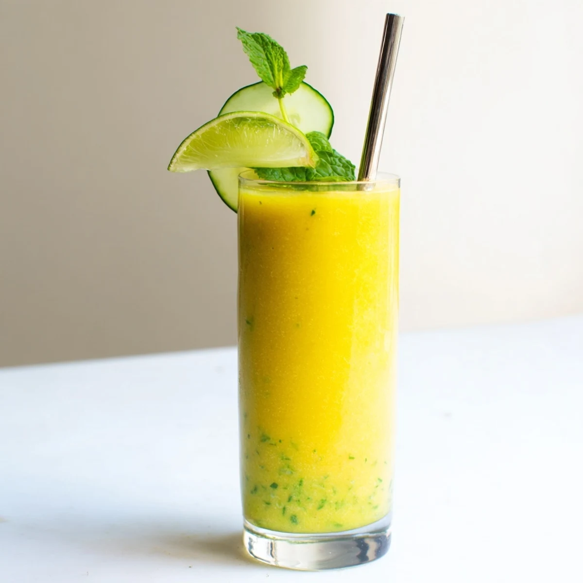 Tropical mango cucumber smoothie topped with a lime wedge and crisp cucumber ribbons