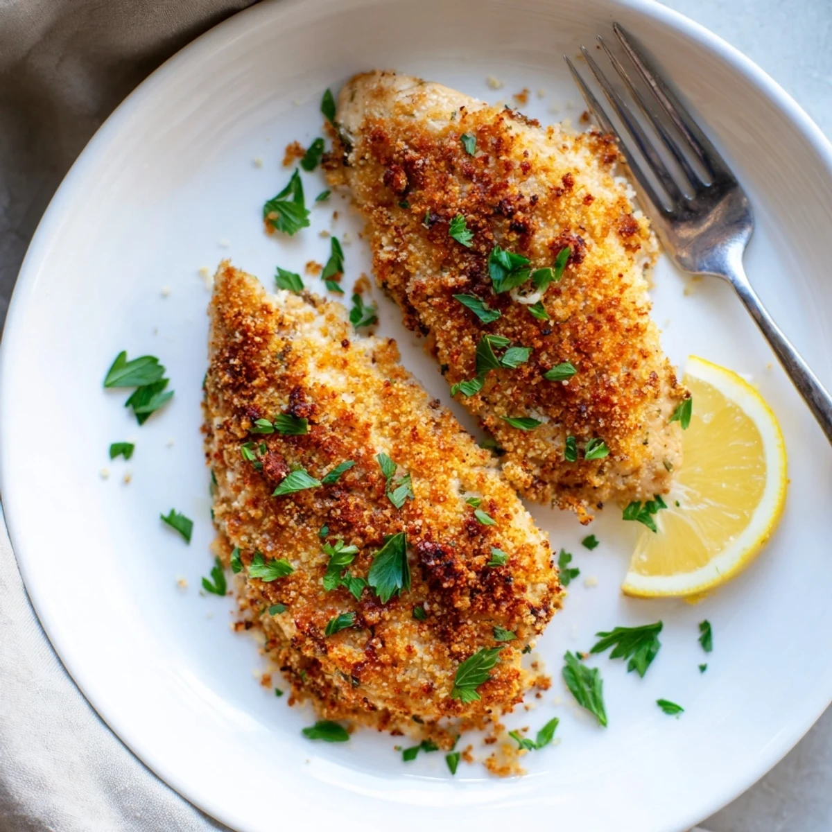 Juicy Paprika Parmesan Chicken sliced open revealing tender meat topped with fresh parsley