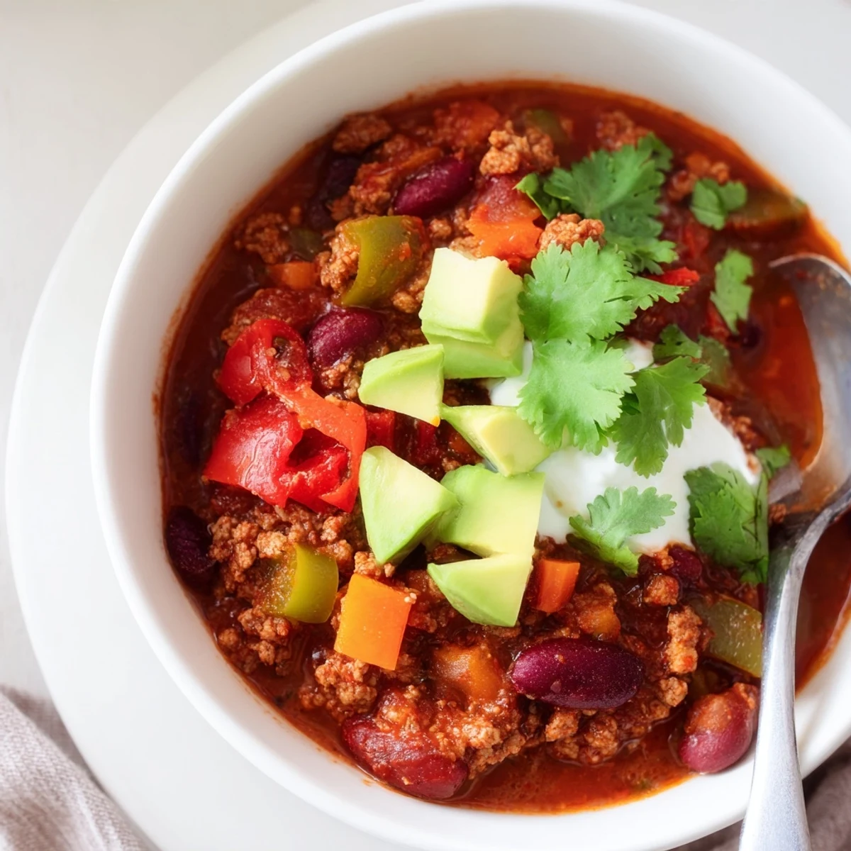 Thick diabetic chili recipe loaded with beans peppers and lean ground turkey
