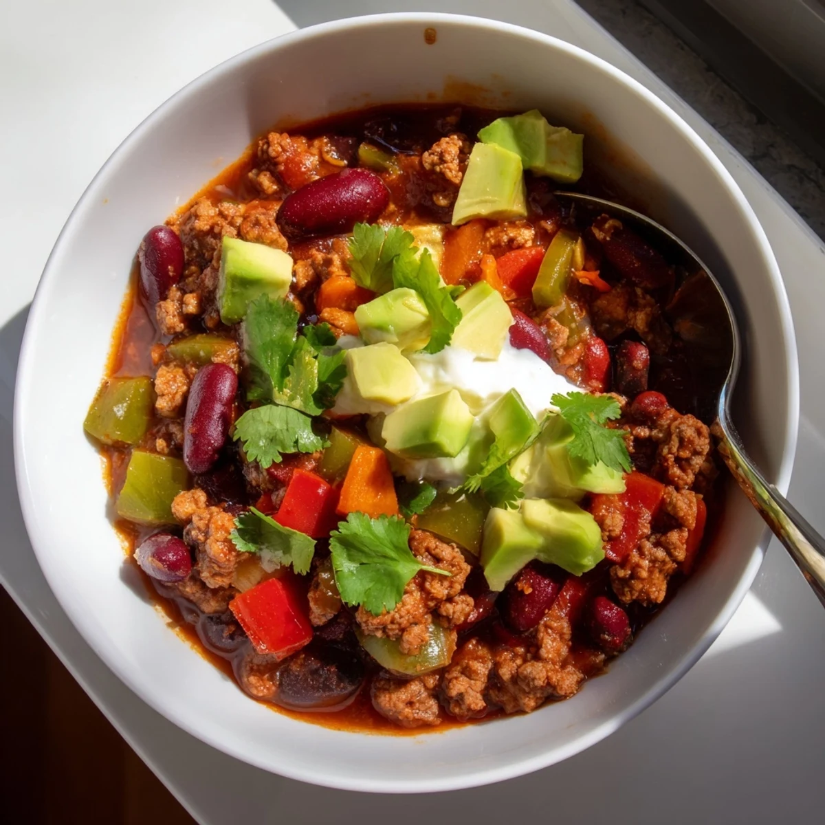 Steaming bowl of diabetic chili recipe topped with fresh avocado and cilantro