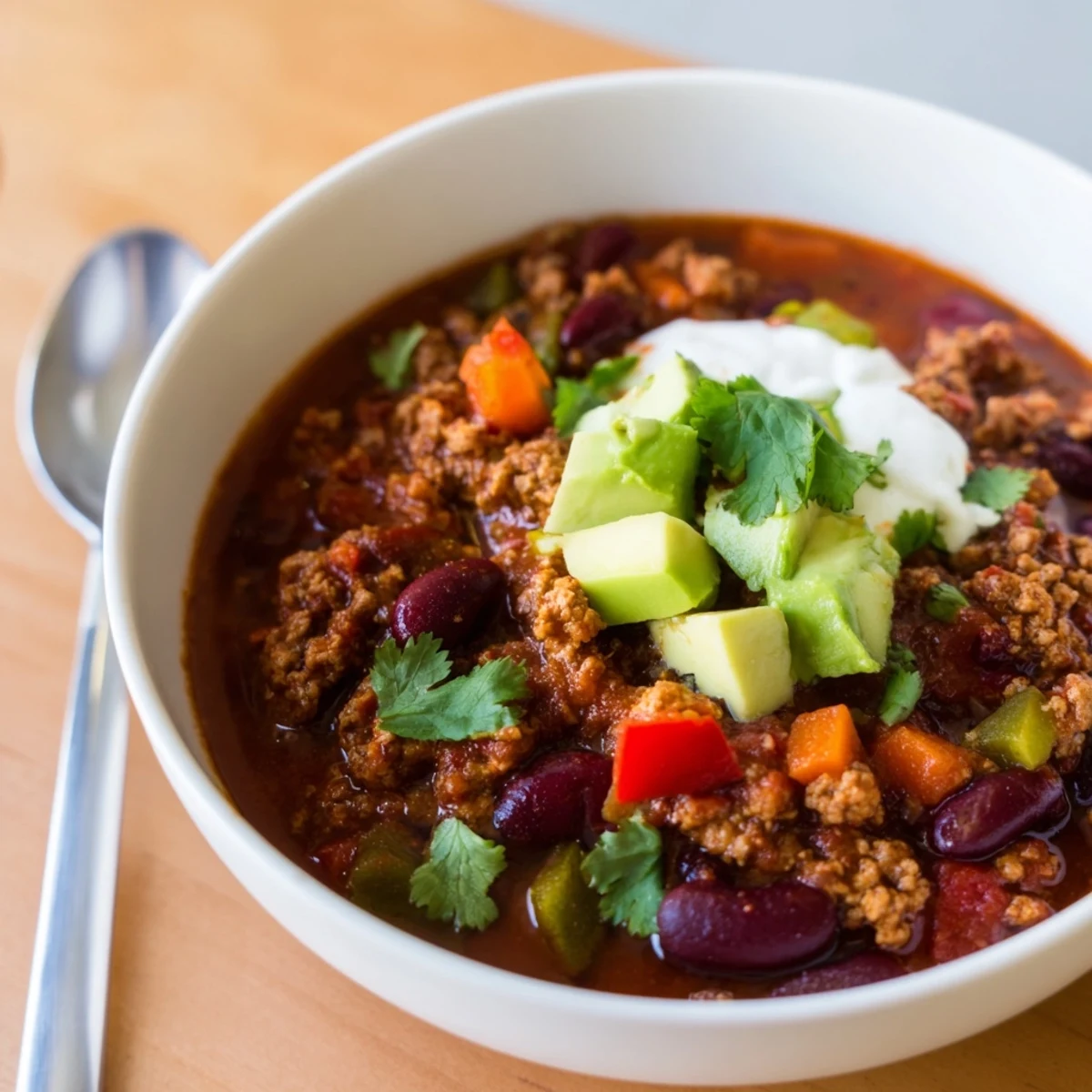 Hearty diabetic chili recipe served in a rustic bowl with Greek yogurt