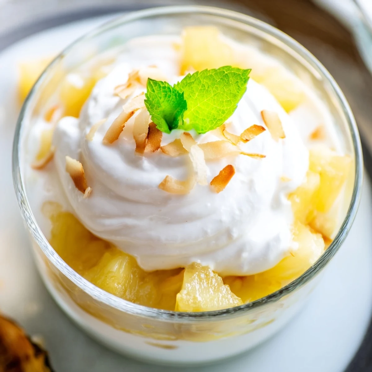 Mini pineapple condensed coconut milk desserts in glass cups with toasted coconut flakes and fresh mint garnish