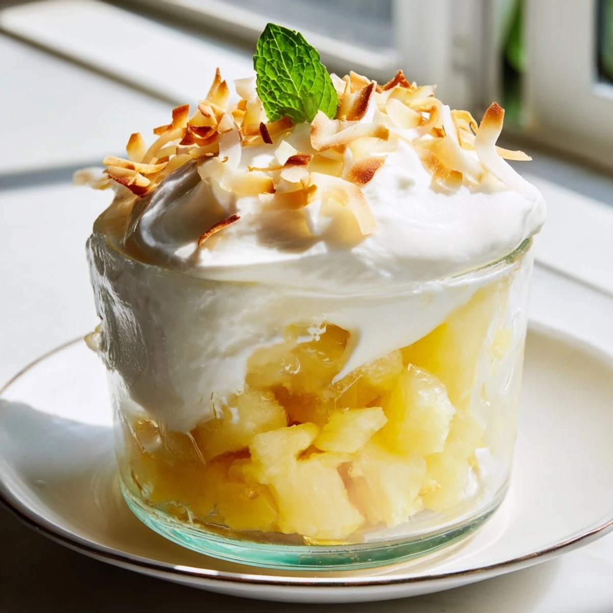 Creamy mini pineapple condensed coconut milk served over juicy macerated fruit in elegant individual portions