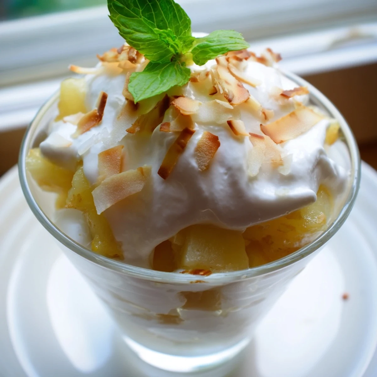 Tropical mini pineapple condensed coconut milk parfaits topped with golden toasted coconut and bright green mint