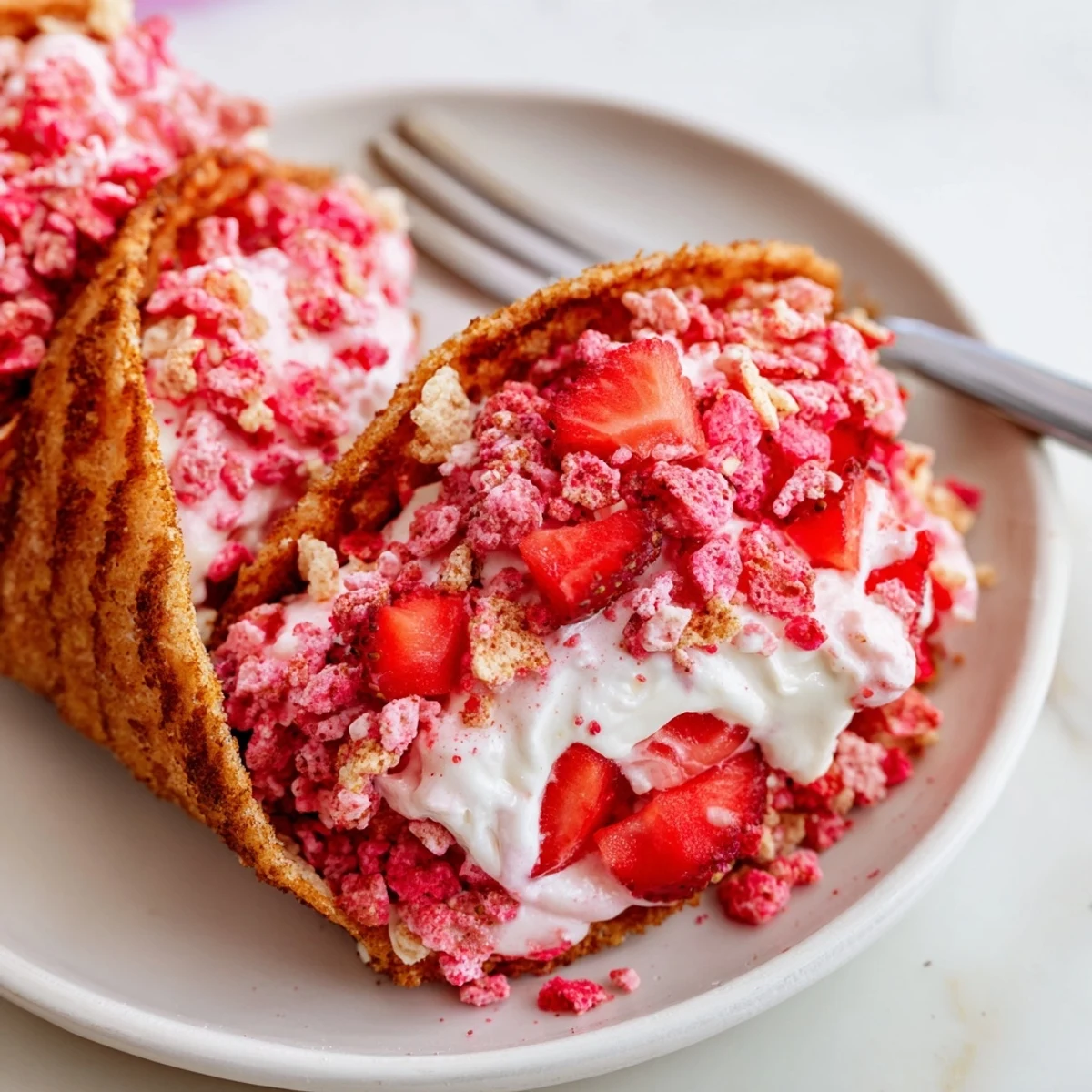 Crispy cinnamon-sugar taco shells filled with creamy strawberry crunch cheesecake tacos topped with diced berries