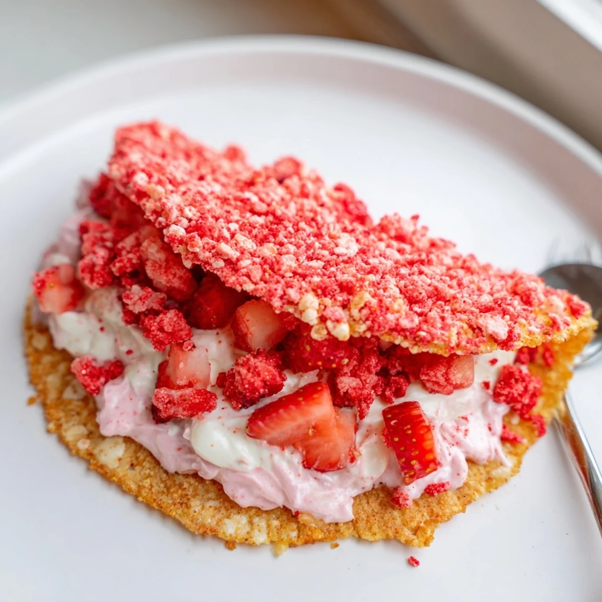Golden baked tortilla shells stuffed with smooth cheesecake mousse and crunchy strawberry crumble in hand