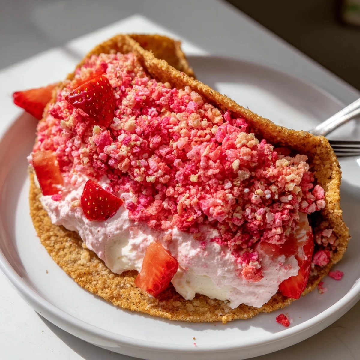 Creamy strawberry crunch cheesecake tacos garnished with fresh strawberries on a white dessert plate