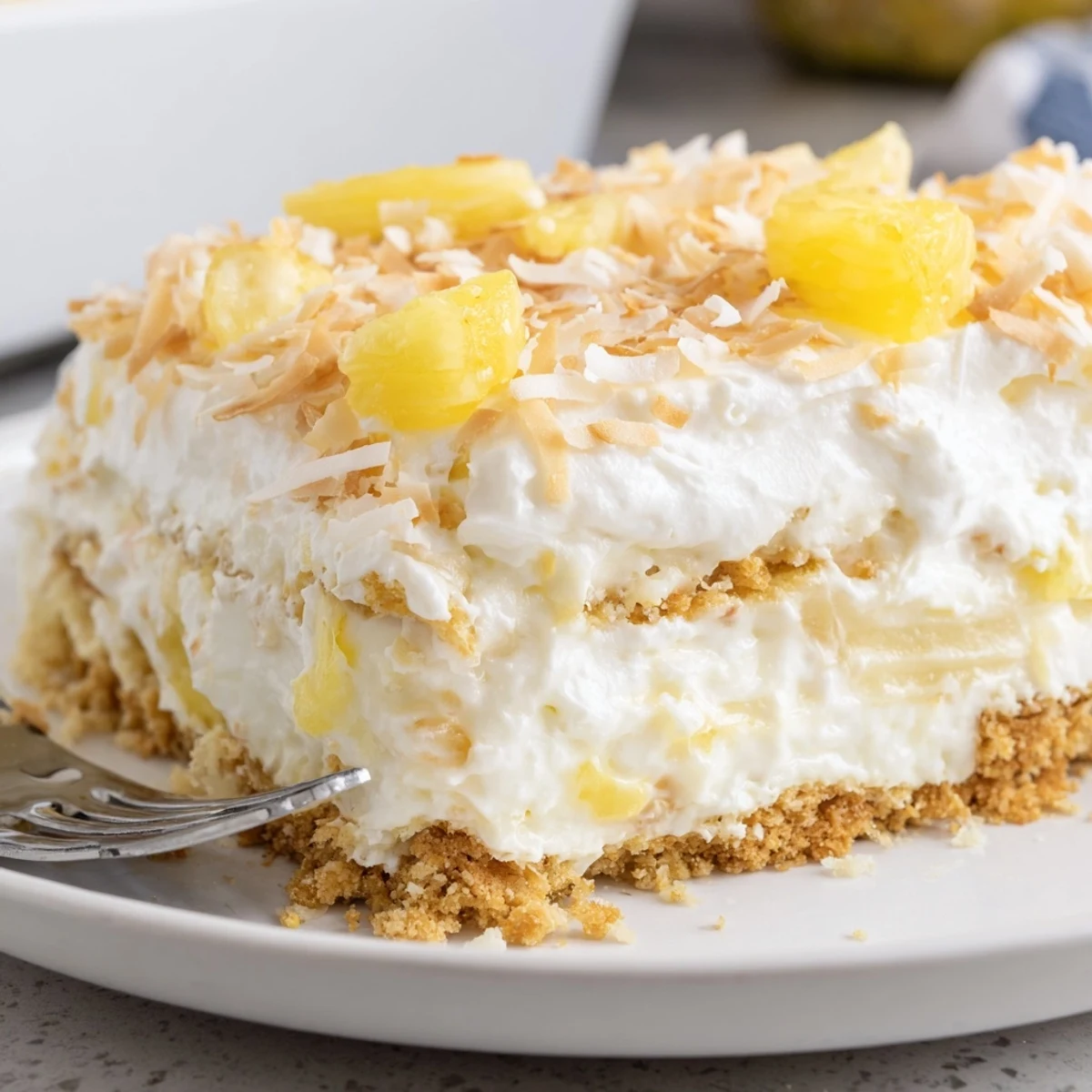 Creamy No Bake Pineapple Coconut Cream Cake sliced on a rustic white plate