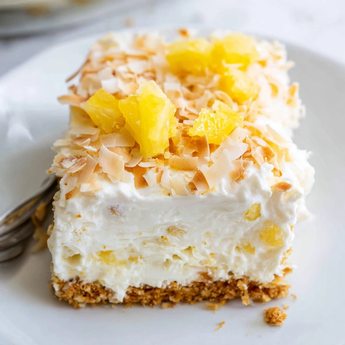 No Bake Pineapple Coconut Cream Cake topped with toasted coconut flakes and golden pineapple