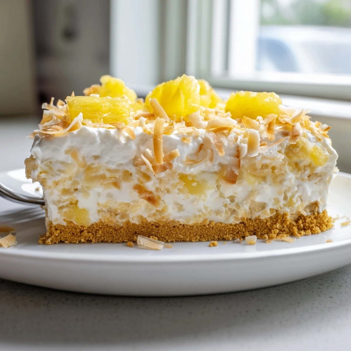 A thick slice of No Bake Pineapple Coconut Cream Cake showing layered creamy filling