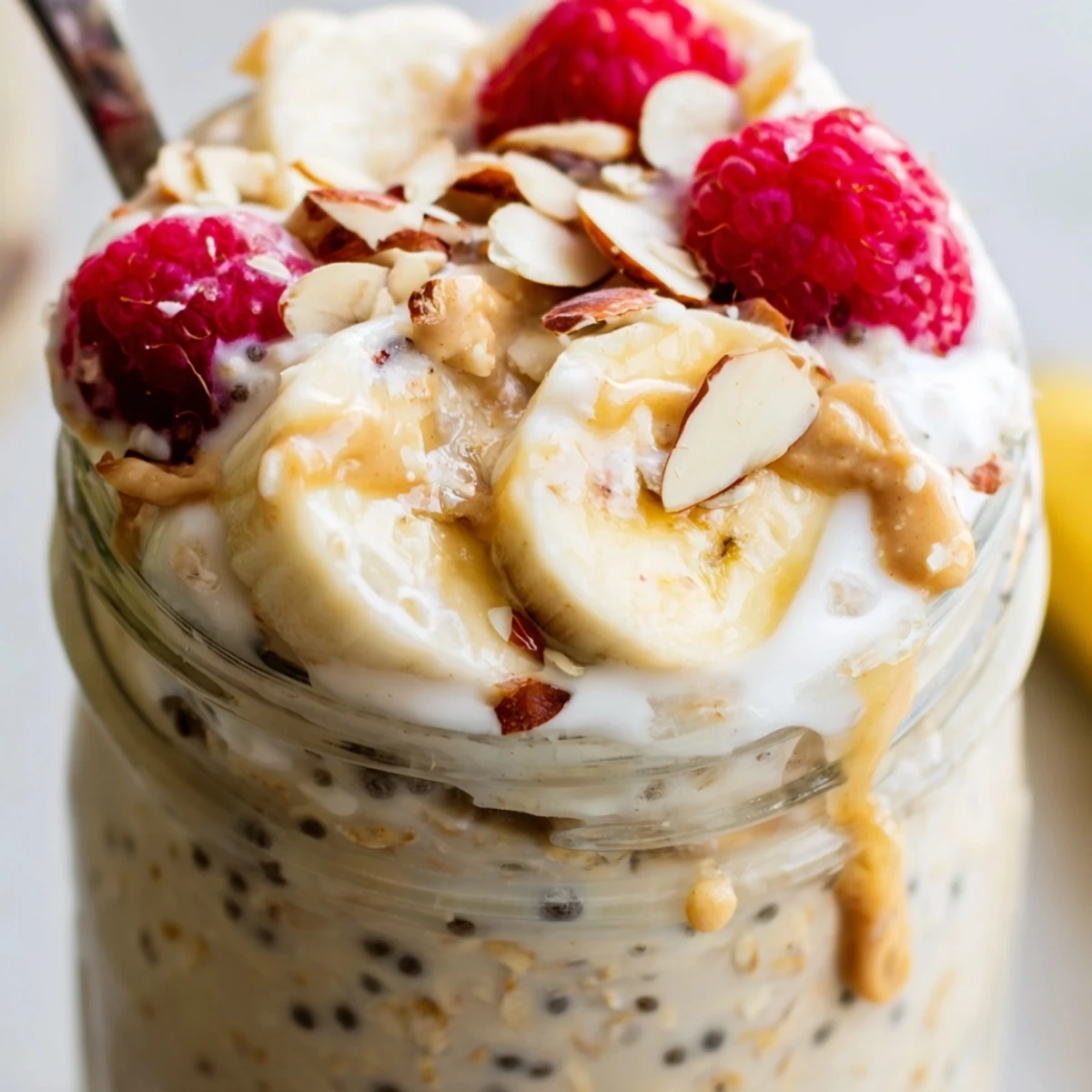 Thick protein overnight oats swirled with nut butter and sliced banana