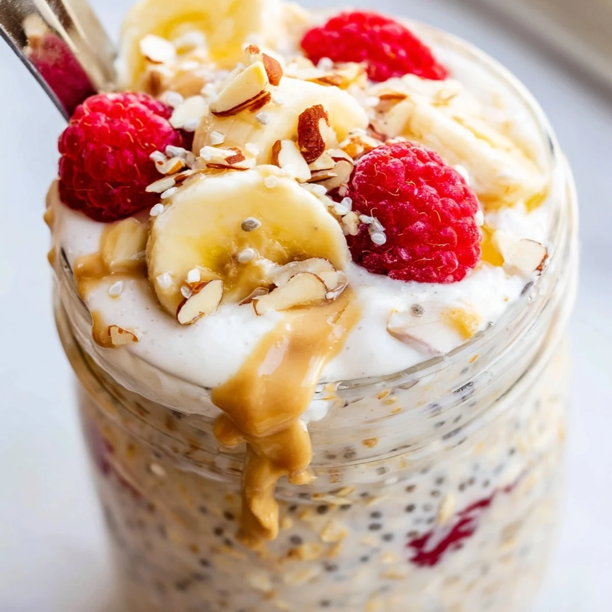Creamy protein overnight oats topped with fresh berries in a glass jar
