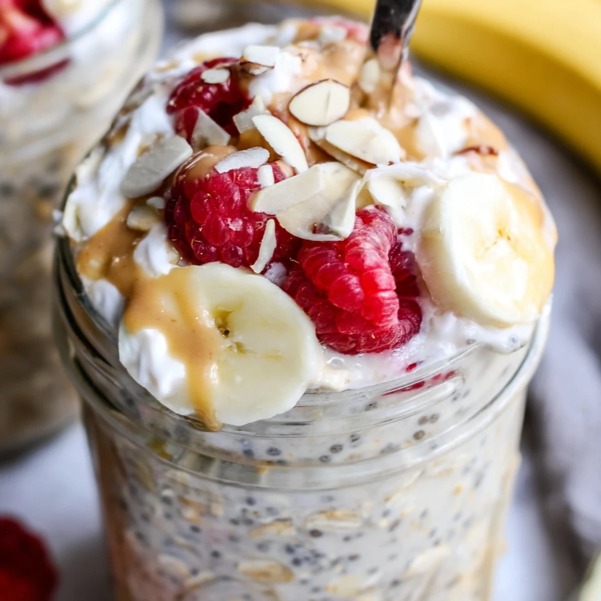 Chia-speckled protein overnight oats served cold with a drizzle of honey