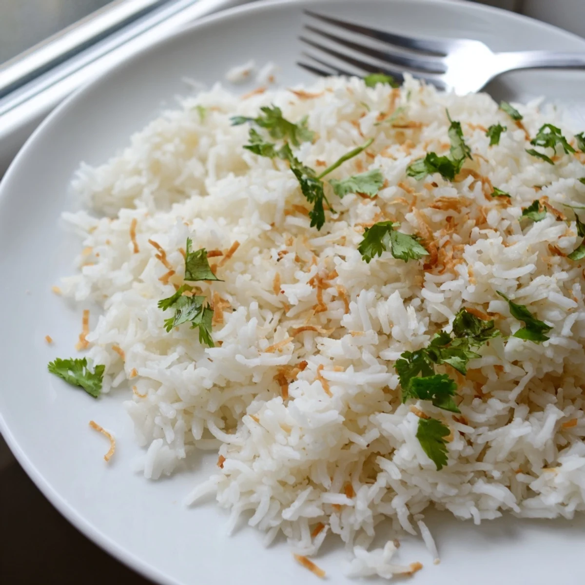 Creamy coconut rice steamed in rich coconut milk and garnished with toasted coconut flakes