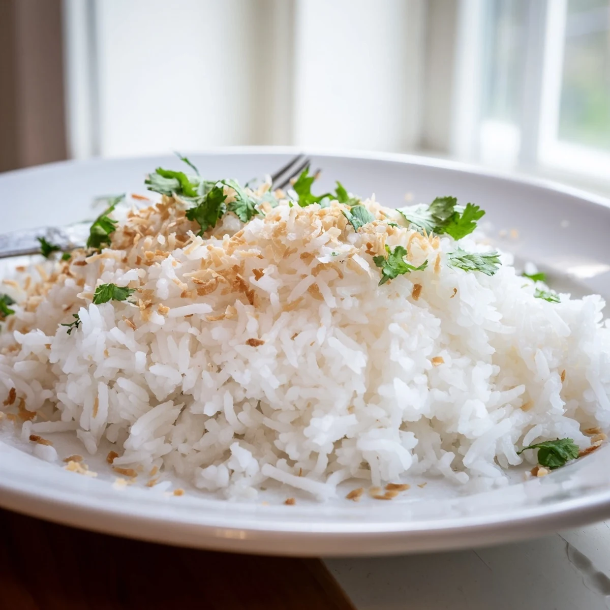 Fluffy coconut rice served alongside a vibrant Thai curry in a white bowl