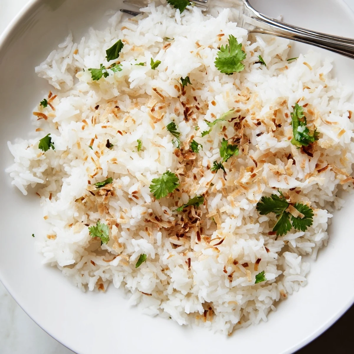 Steaming bowl of fragrant coconut rice topped with fresh cilantro and shredded coconut