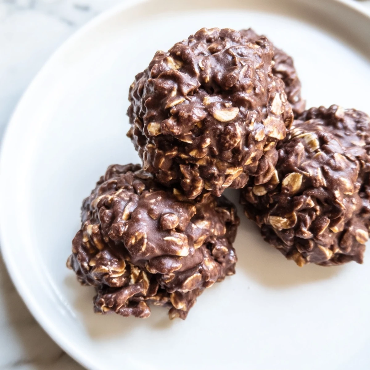 Glossy chocolate oatmeal no bake cookies piled on rustic parchment paper