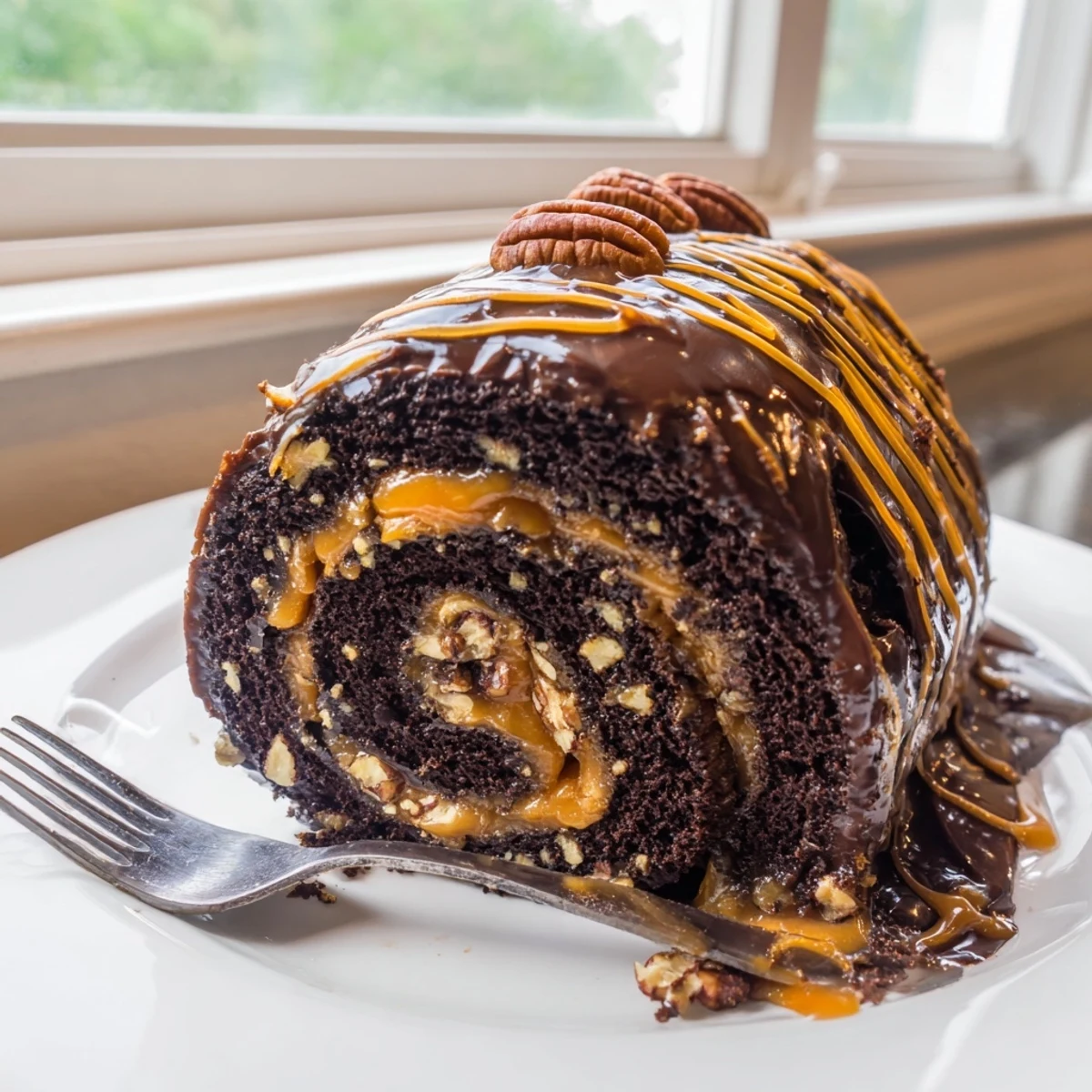 Decadent chocolate caramel turtle cake roll drizzled with glossy ganache and topped with crunchy pecan halves