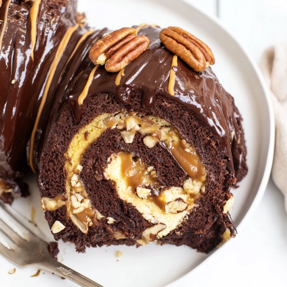 Tender chocolate cake rolled around sticky caramel and toasted pecans, smothered in velvety ganache drips