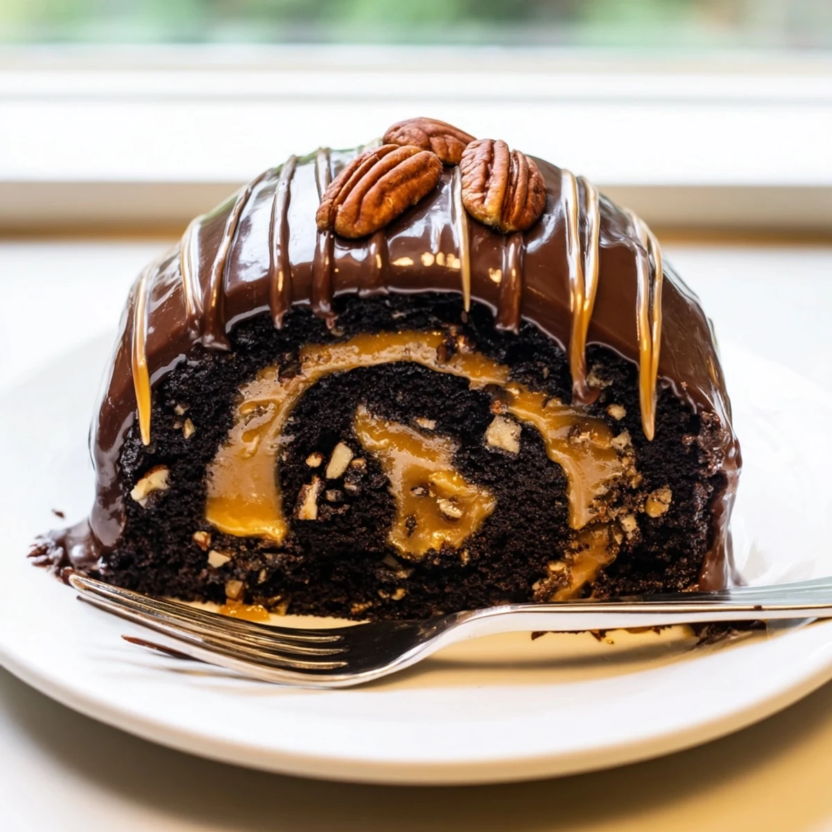 Swiss roll sponge filled with gooey caramel and pecans, finished with a rich chocolate glaze