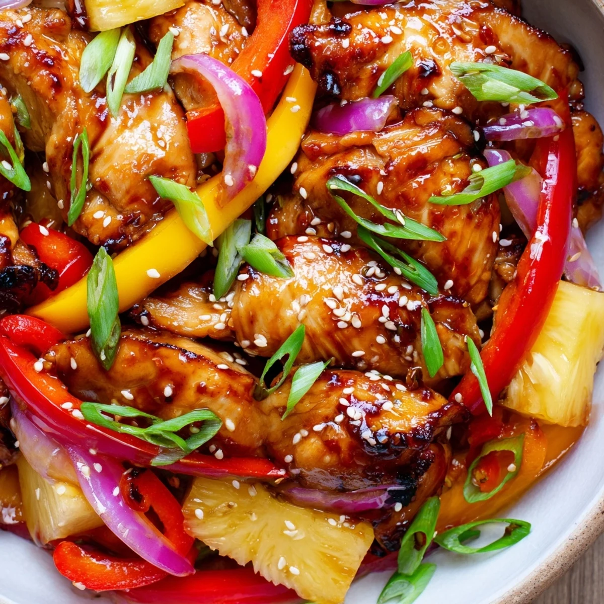 Hawaiian chicken with glossy pineapple glaze nestled among vibrant red and yellow bell peppers