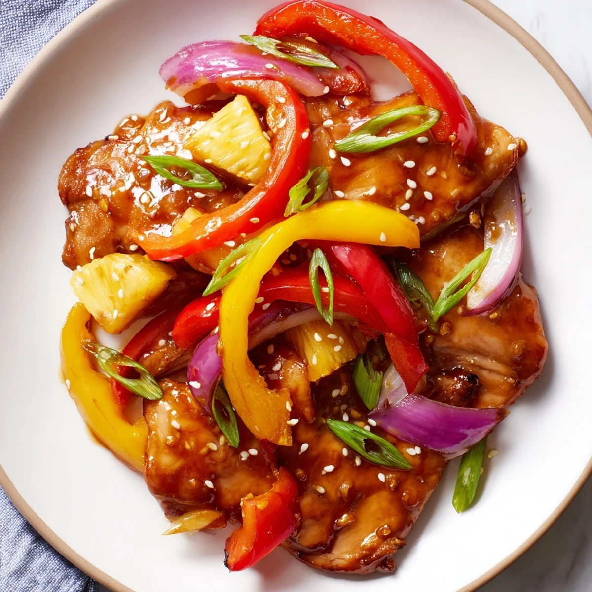 Juicy Hawaiian chicken thighs coated in sticky sweet tangy sauce with caramelized pineapple chunks