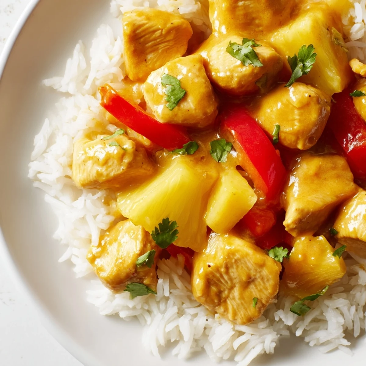 Golden chicken and pineapple simmer in creamy coconut sauce over fluffy jasmine rice